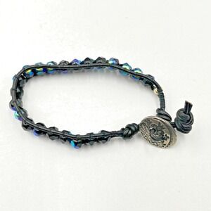 Vintage Chic Iridescent Aurora Borealis Faceted Black Leather Wrap Bracelet